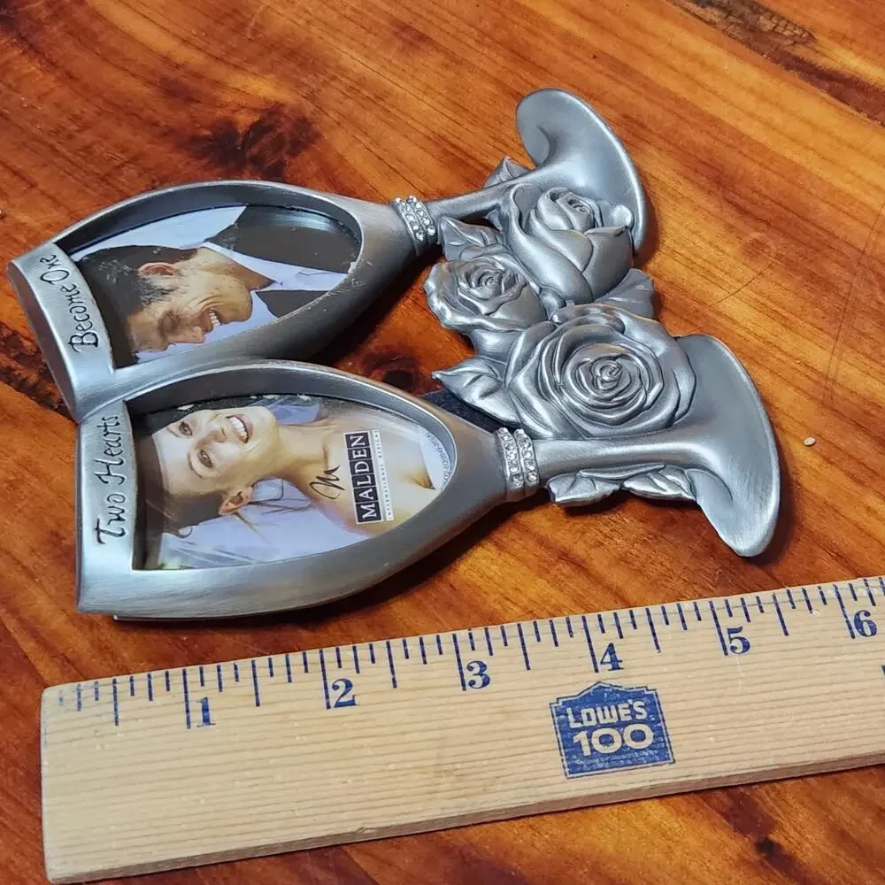 Vtg Wedding Photo Frame Bride Groom Champagne Cheers Silver Love Keepsake